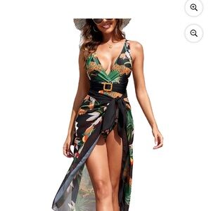 Tropical Print one piece bathing suit with matching cover up sarong